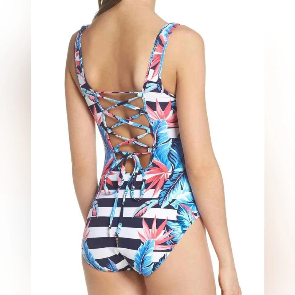 Tommy Bahama Navy Palms Of Paradise  Stripe One Piece Swimsuit